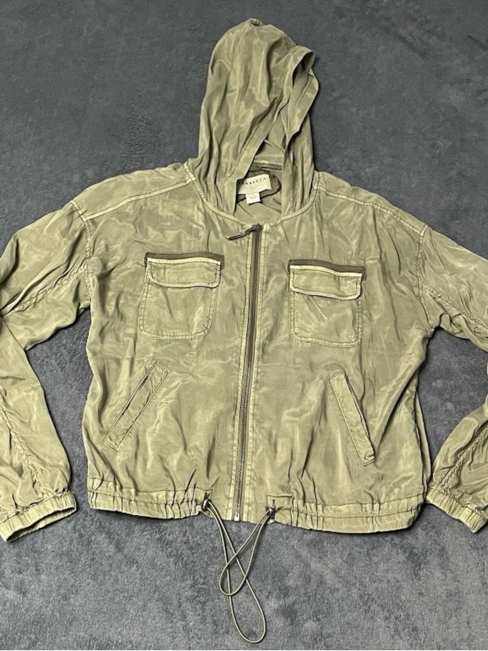 Marrakech Womens Fun Fall Jacket Small Green Casual Hoodie Cinch Waist Full Zip